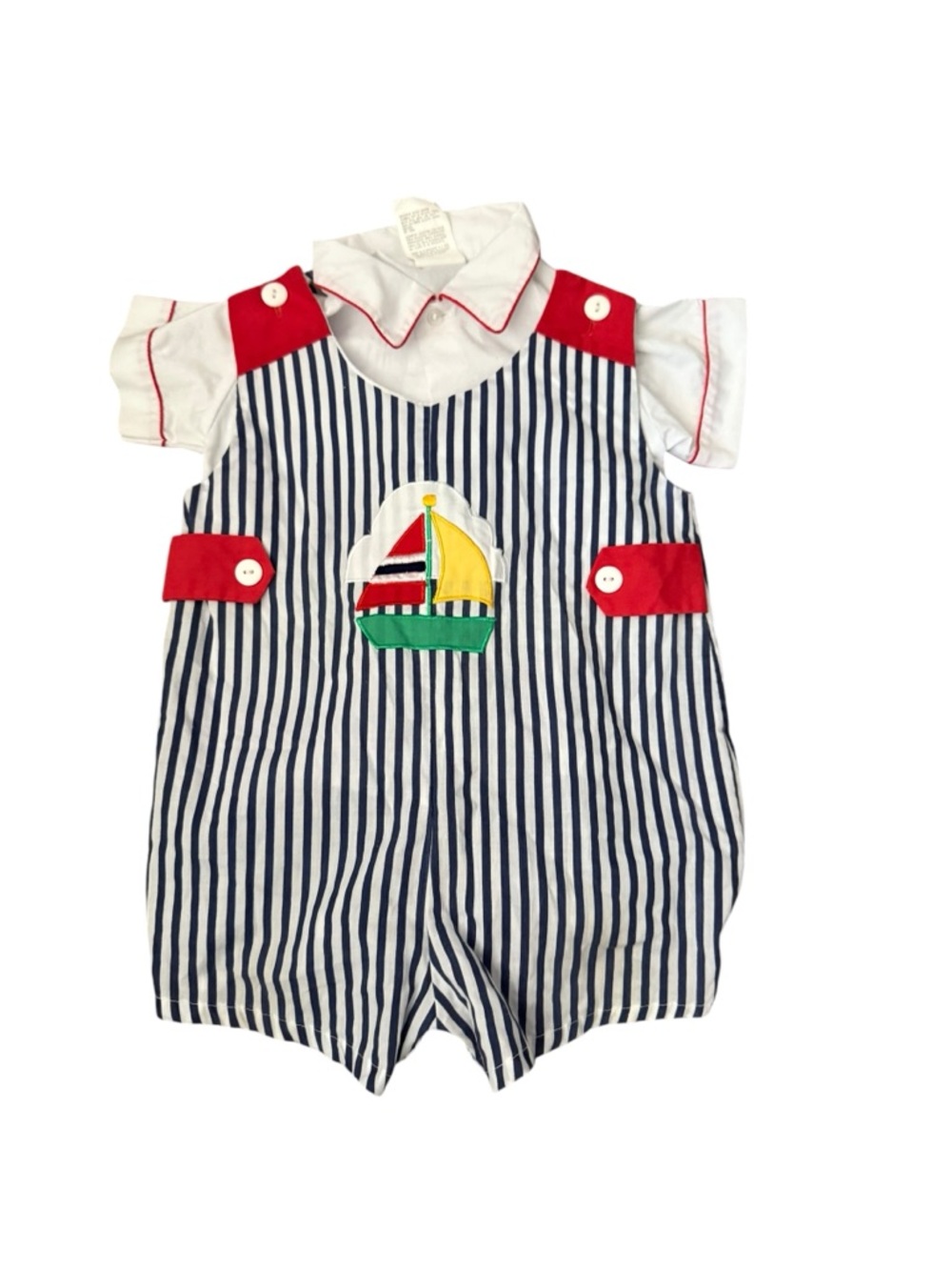 Cuties by Judy Vintage Navy Stripe Sailboat Romper with Red Accents 18 months